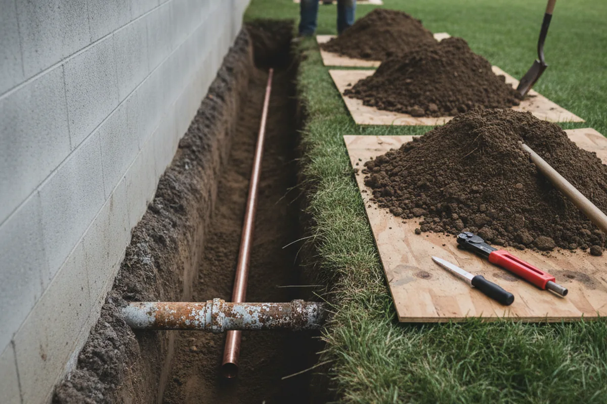Excavated water line trench during Water Softener Installation in Gosport